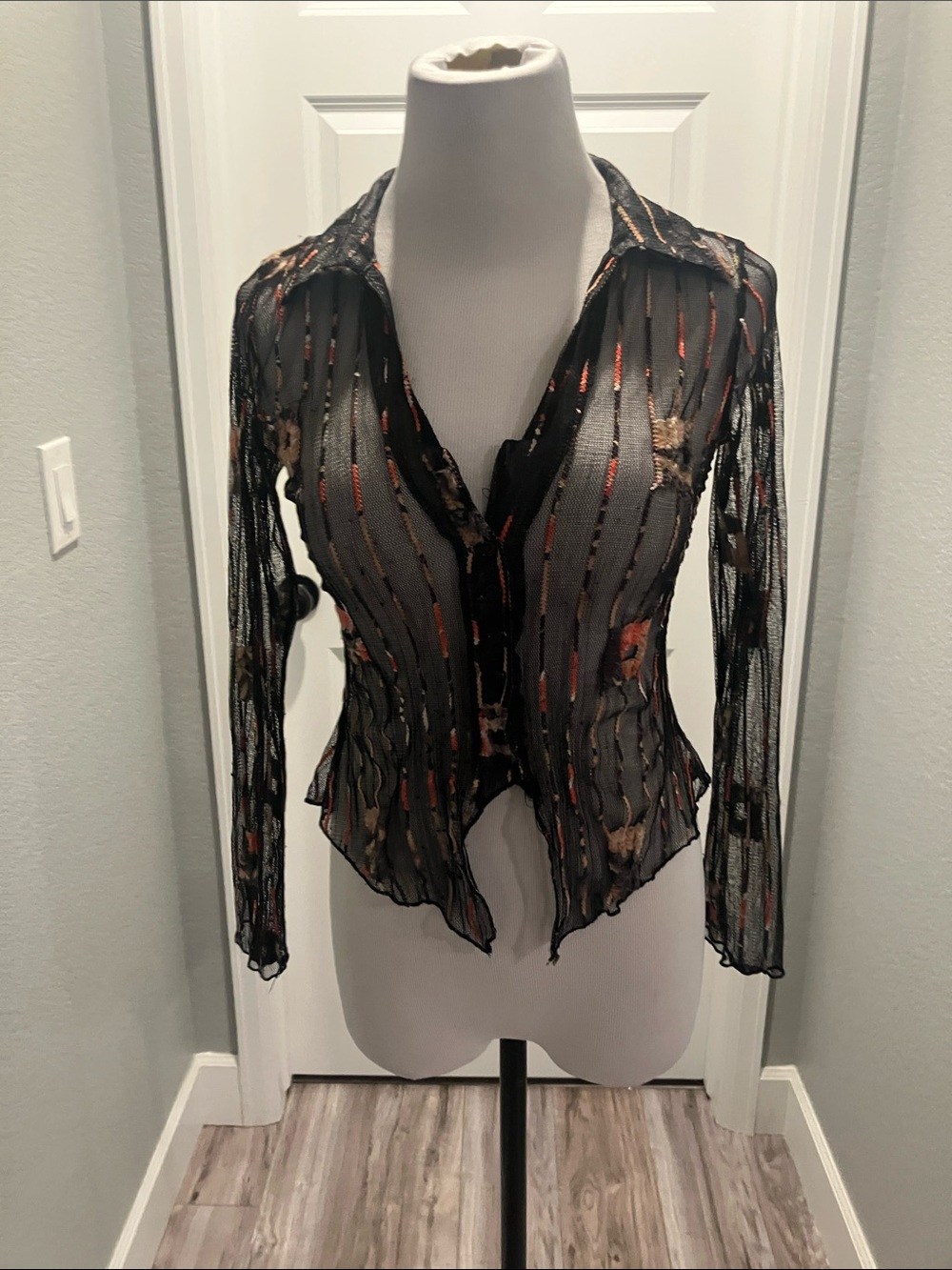 Have Black Sheer Floral-Accent Stripe Button Front Blouse